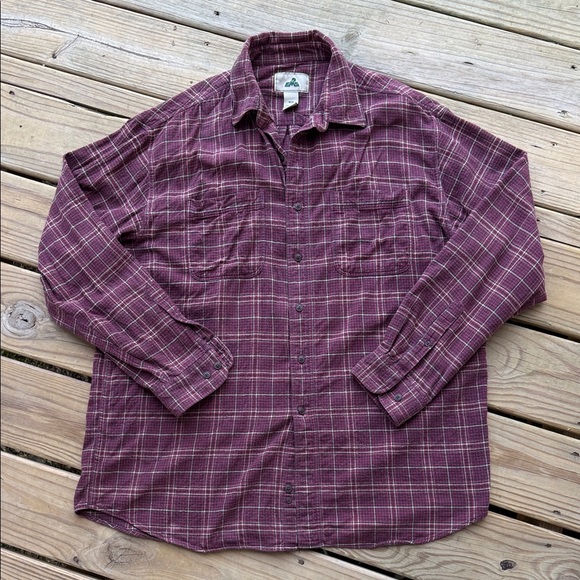 Vintage EMS Men's Large Burgundy Plaid Flannel Long Sleeve Button Down Shirt